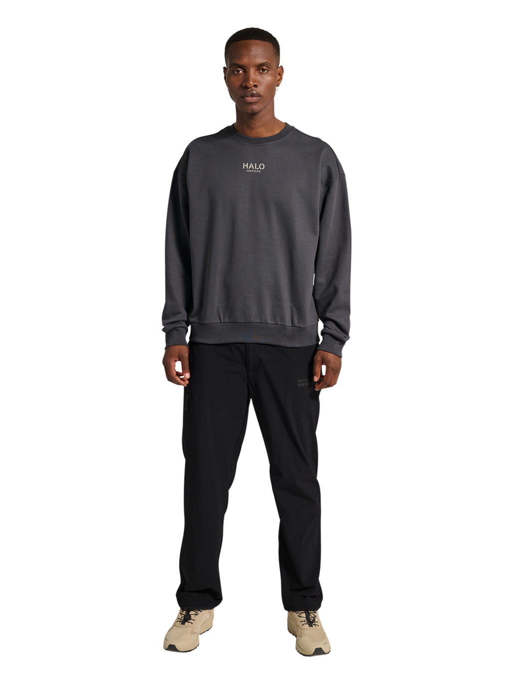 HALO GRAPHIC BOXY CREW, ASPHALT, model