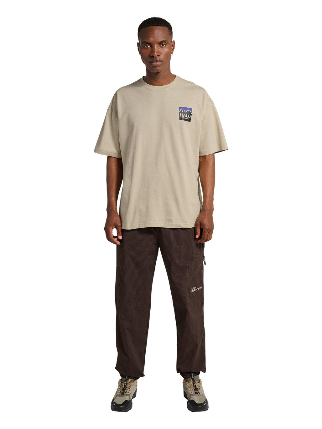 HALO GRAPHIC BOXY T-SHIRT, OYSTER GRAY/OYSTER GRAY, model