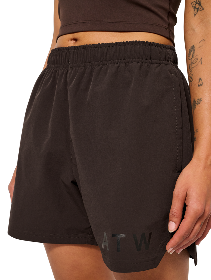 HALO SHORTS, CHOCOLATE TORTE, model