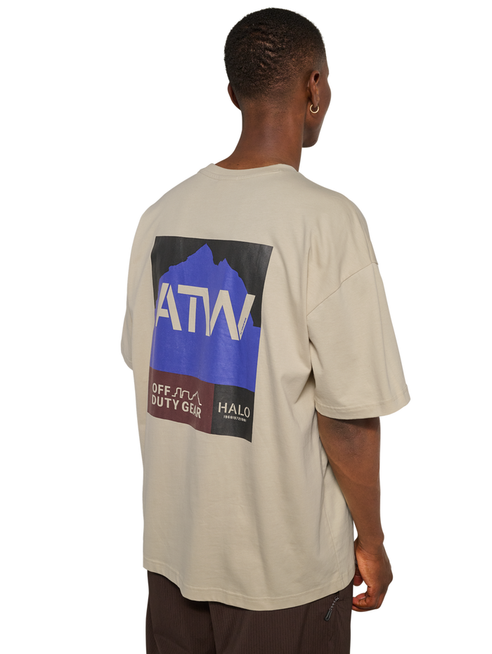 HALO GRAPHIC BOXY T-SHIRT, OYSTER GRAY/OYSTER GRAY, model