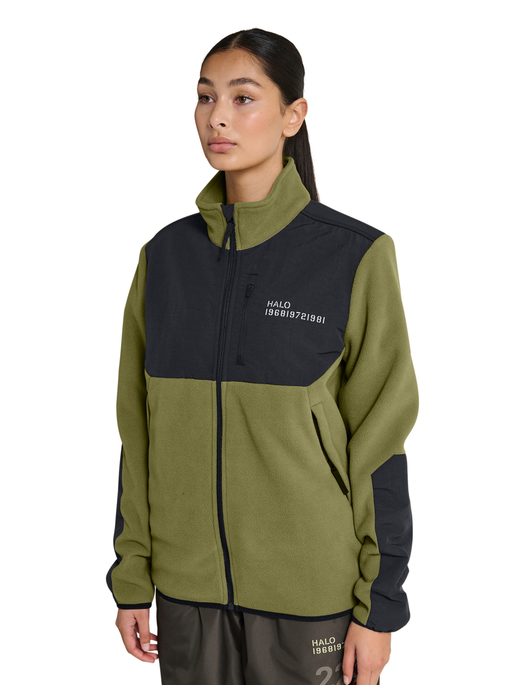 HALO BLOCKED ZIP FLEECE, OLIVE DRAB, model