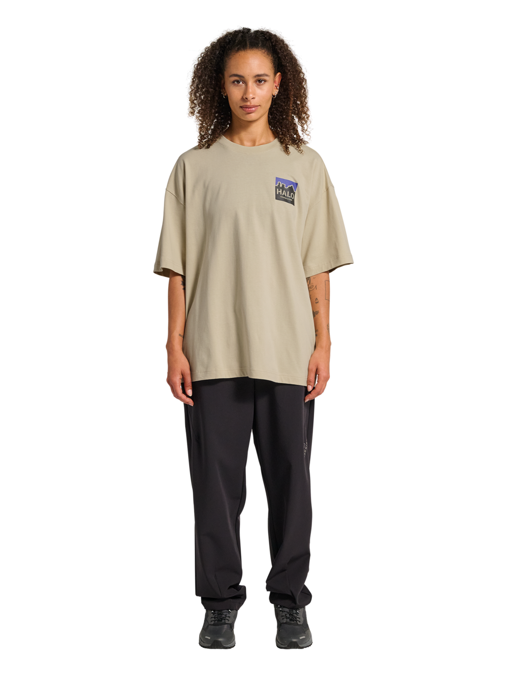 HALO GRAPHIC BOXY T-SHIRT, OYSTER GRAY/OYSTER GRAY, model