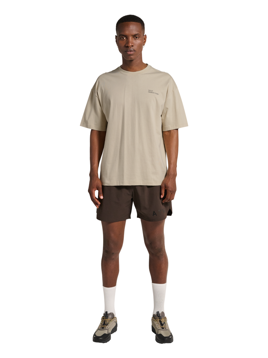 HALO GRAPHIC BOXY T-SHIRT, OYSTER GRAY/ASPHALT, model