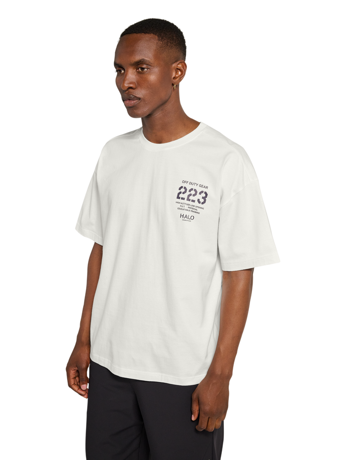 HALO GRAPHIC BOXY T-SHIRT, MARSHMALLOW/DEEP WELL, model