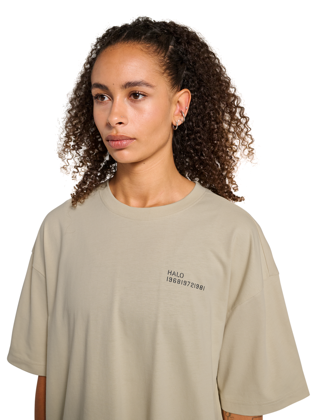 HALO GRAPHIC BOXY T-SHIRT, OYSTER GRAY/ASPHALT, model