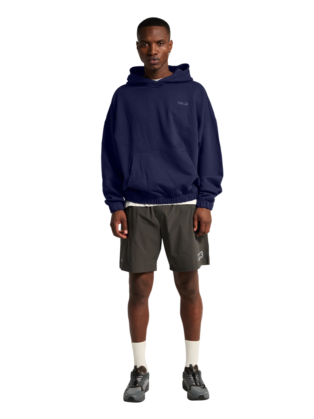 HALO DHOBI BOXY HOODIE, ASTRAL AURA, model