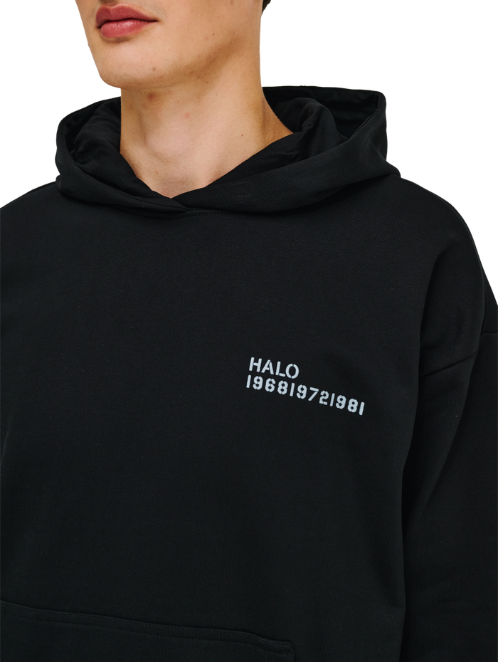 HALO ESSENTIAL HOODIE, BLACK, model