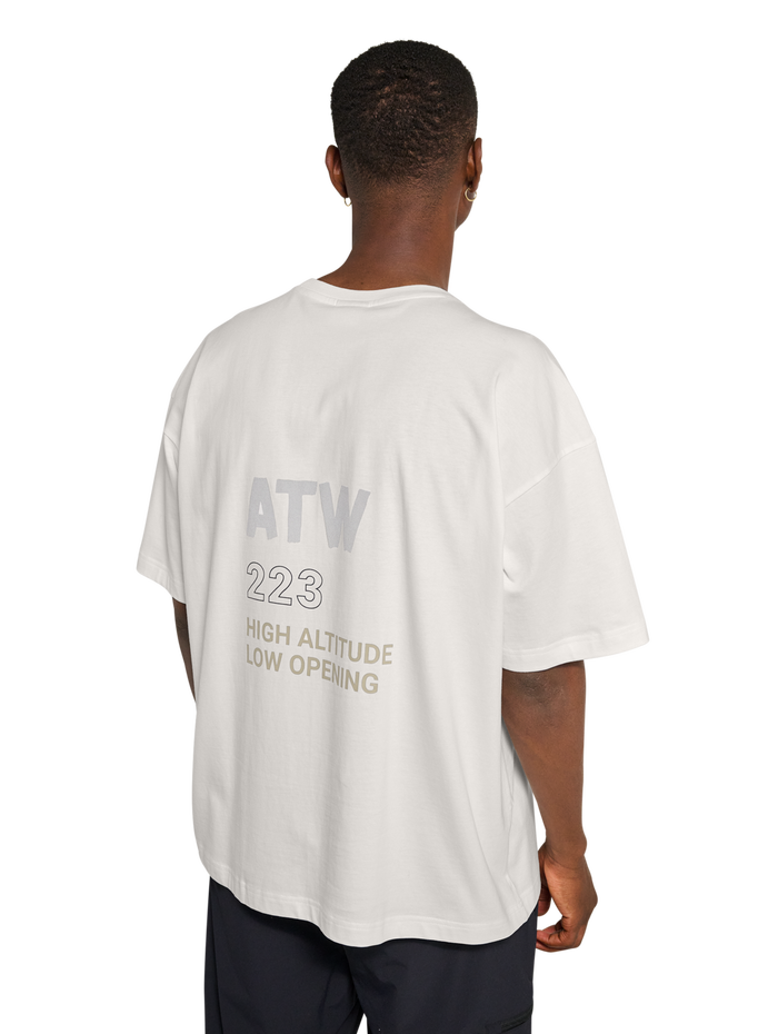 HALO GRAPHIC BOXY T-SHIRT, MARSHMALLOW/SENECA ROCK, model