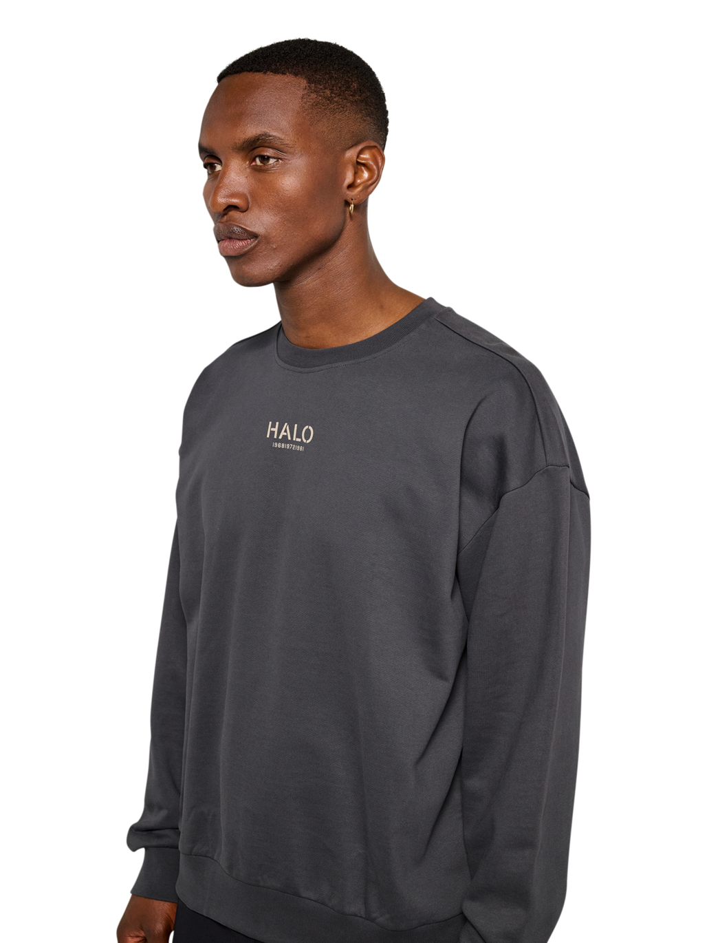 HALO GRAPHIC BOXY CREW, ASPHALT, model
