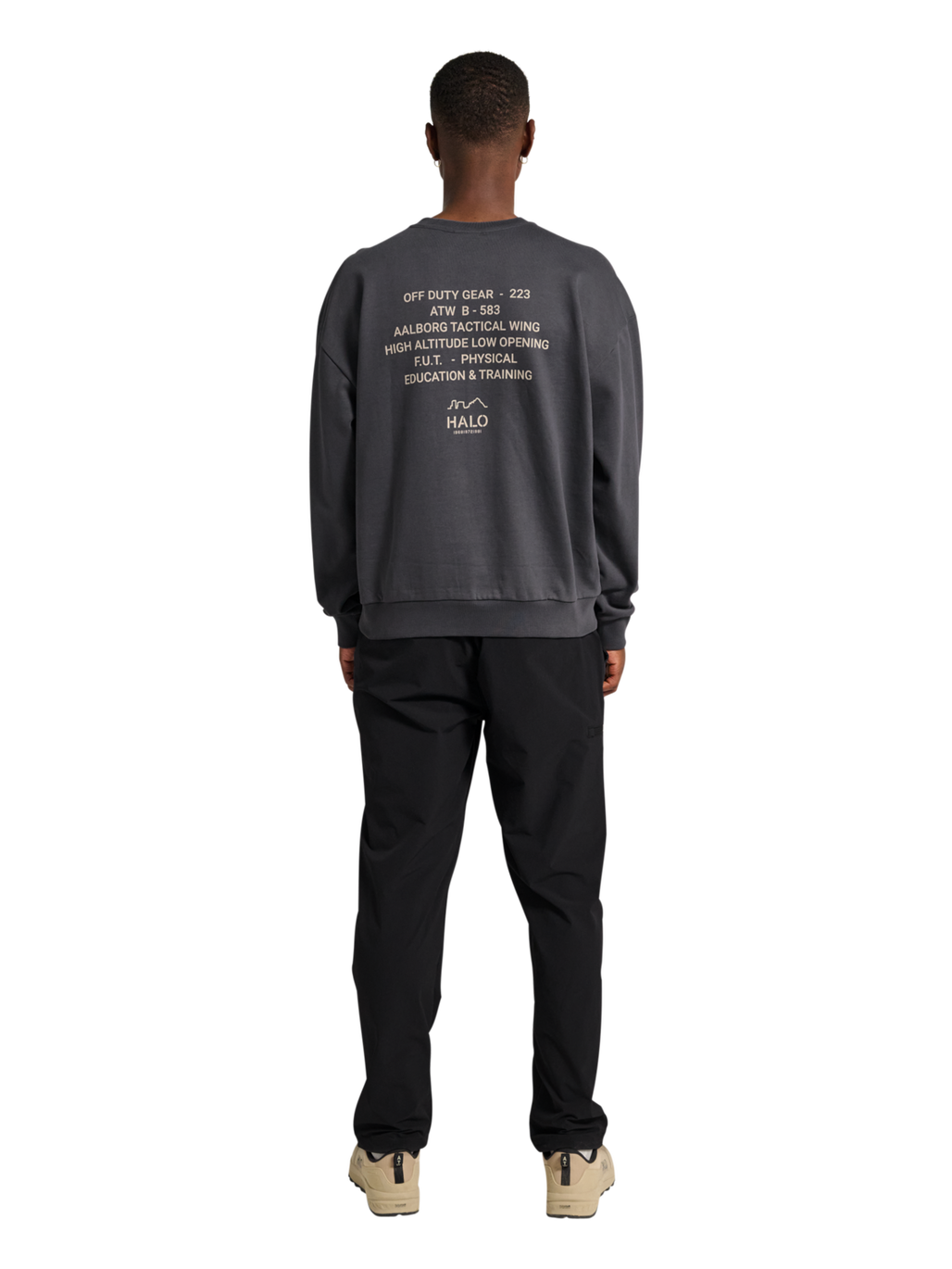 HALO GRAPHIC BOXY CREW, ASPHALT, model