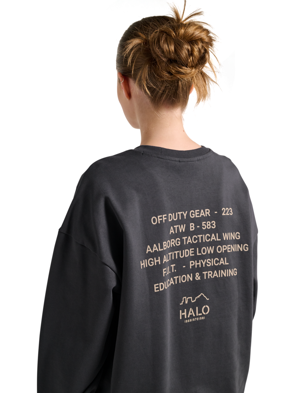 HALO GRAPHIC BOXY CREW, ASPHALT, model