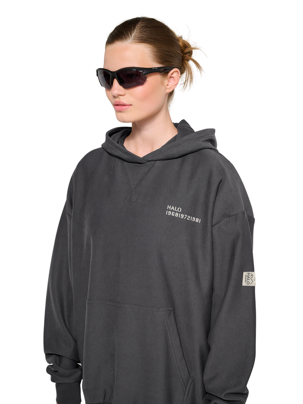 HALO REVERSE BOXY HOODIE, ASPHALT, model